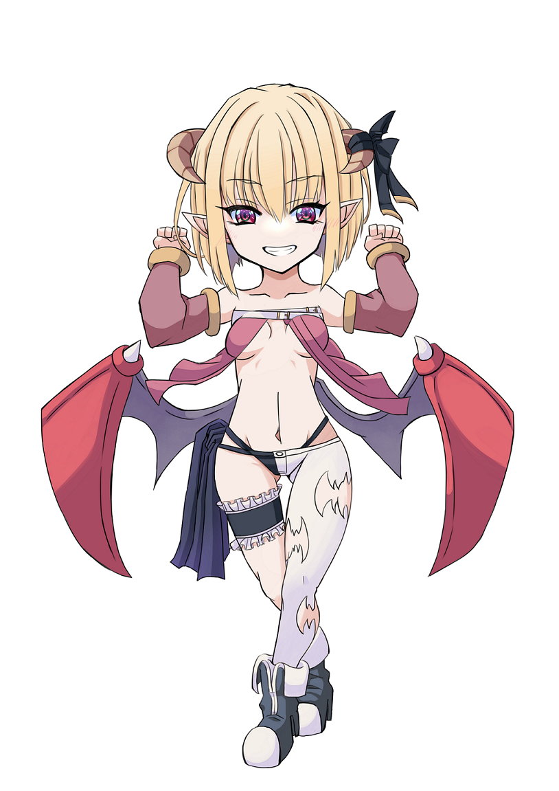 nagifujisawa, succubus (ragnarok online), ragnarok online, commentary request, 1girl, asymmetrical clothes, black boots, black panties, blonde hair, blush, boots, breast curtains, breasts, brown horns, brown sleeves, demon girl, demon horns, demon wings, detached sleeves, frilled thigh strap, full body, grin, highleg, highleg panties, horns, looking at viewer, low wings, medium breasts, navel, open mouth, panties, pants, pointy ears, red eyes, red wings, short hair, simple background, single pantsleg, smile, solo, standing, thigh strap, underwear, white background, white pants, wings