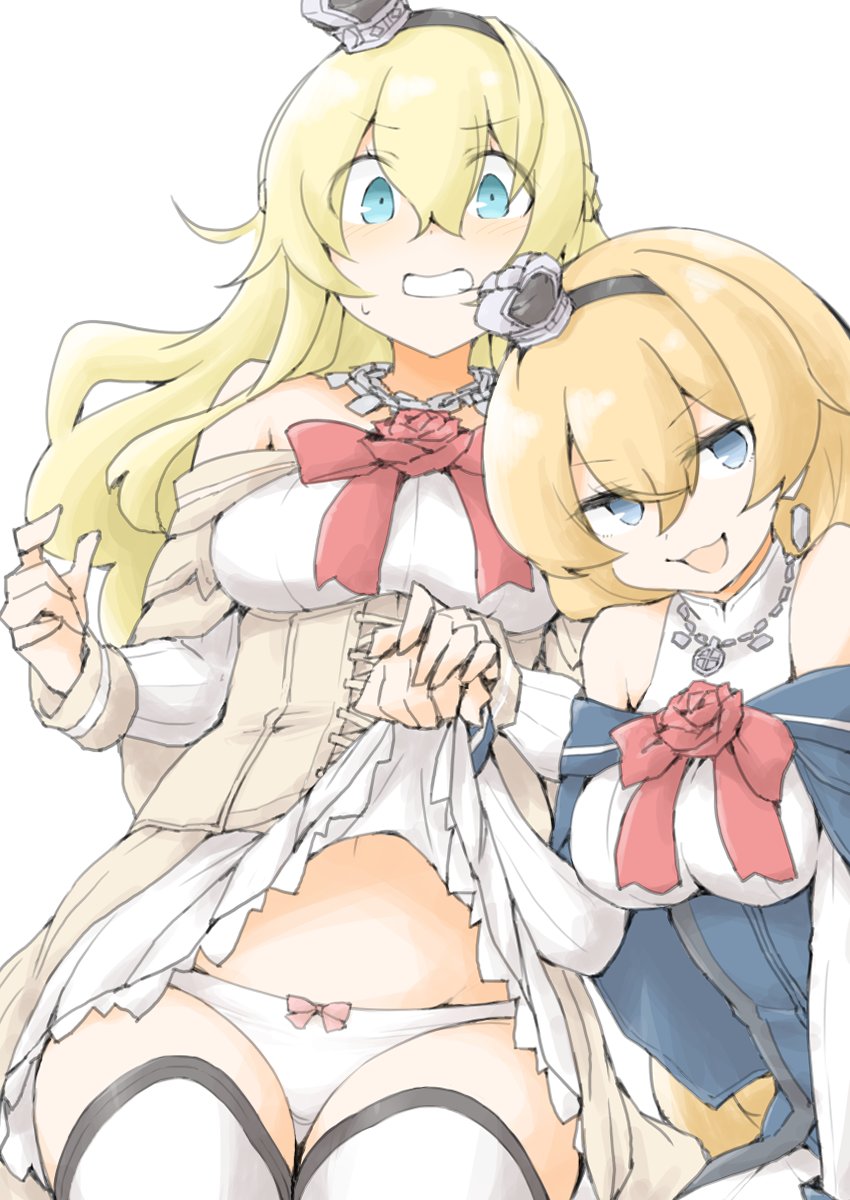 akara kai, valiant (kancolle), warspite (kancolle), kantai collection, highres, 2girls, black hairband, blonde hair, blue eyes, braid, breasts, capelet, clothes lift, crown, dress, dress lift, earrings, embarrassed, flower, hair between eyes, hairband, half up braid, jewelry, large breasts, long hair, long sleeves, low-tied long hair, mini crown, multiple girls, necklace, off-shoulder dress, off shoulder, open mouth, red flower, ribbon, sitting, thighhighs, white dress