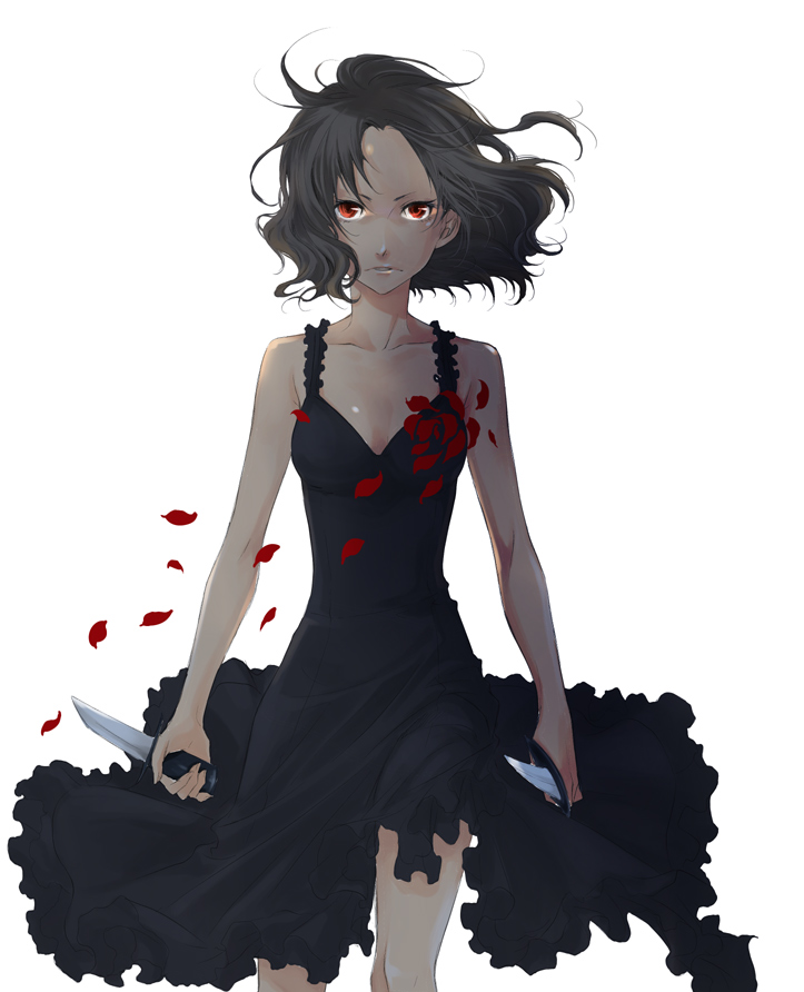 beri, chane laforet, baccano!, bad id, bad pixiv id, 00s, black hair, cowboy shot, dress, knife, petals, red eyes, simple background, solo, white background