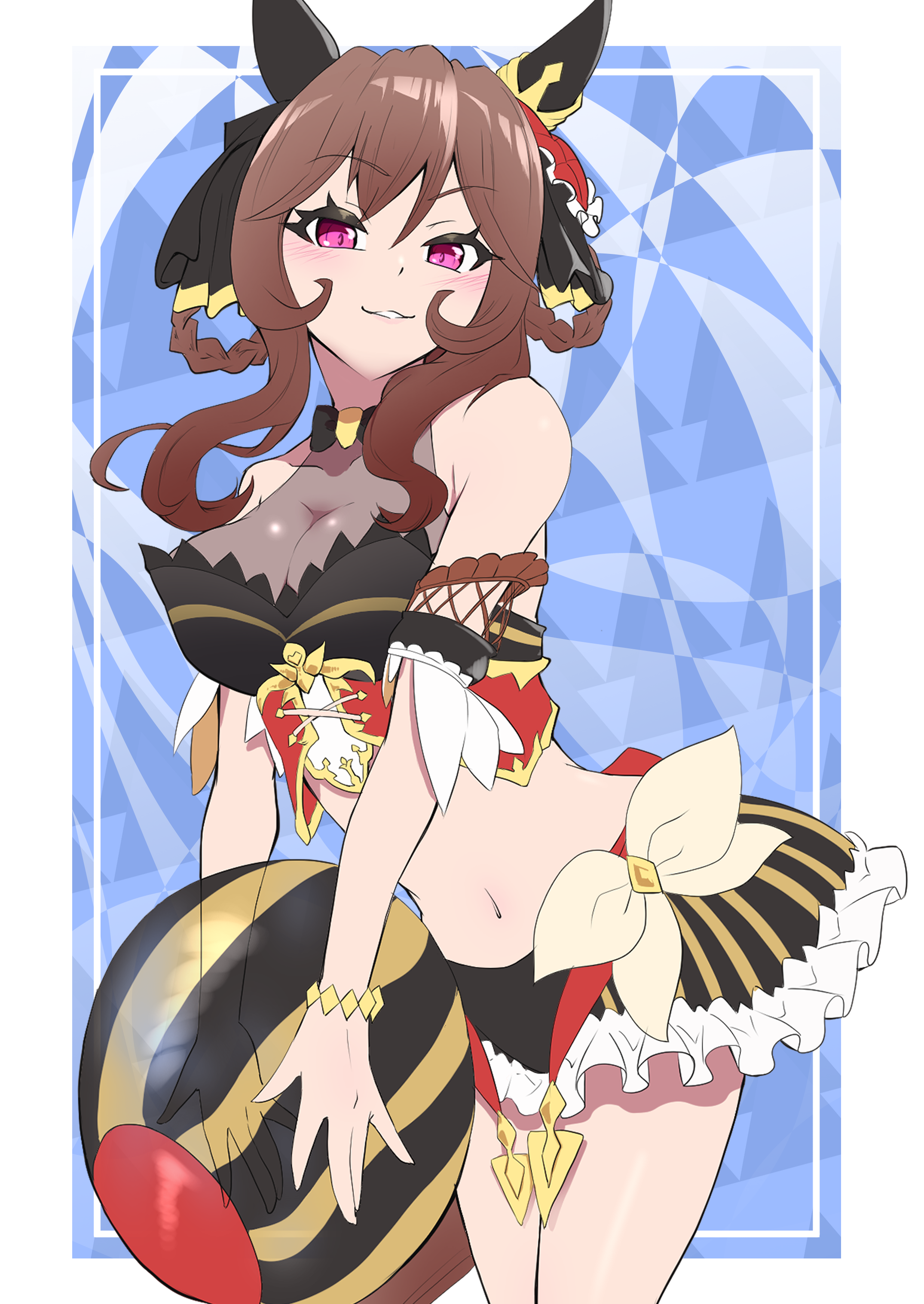chia ikaruga, gentildonna (umamusume), umamusume, absurdres, highres, 1girl, adapted costume, animal ears, ball, bare shoulders, beachball, bikini, black bikini, blush, bracelet, braid, braided hair rings, breasts, brown hair, cowboy shot, ear covers, ear ornament, hair between eyes, hair ornament, hair rings, heart-shaped ornament, heart ear ornament, holding, holding ball, holding beachball, horse ears, horse girl, jewelry, large breasts, long hair, looking at viewer, navel, parted lips, red eyes, see-through cleavage, see-through clothes, smile, solo, stomach, swimsuit