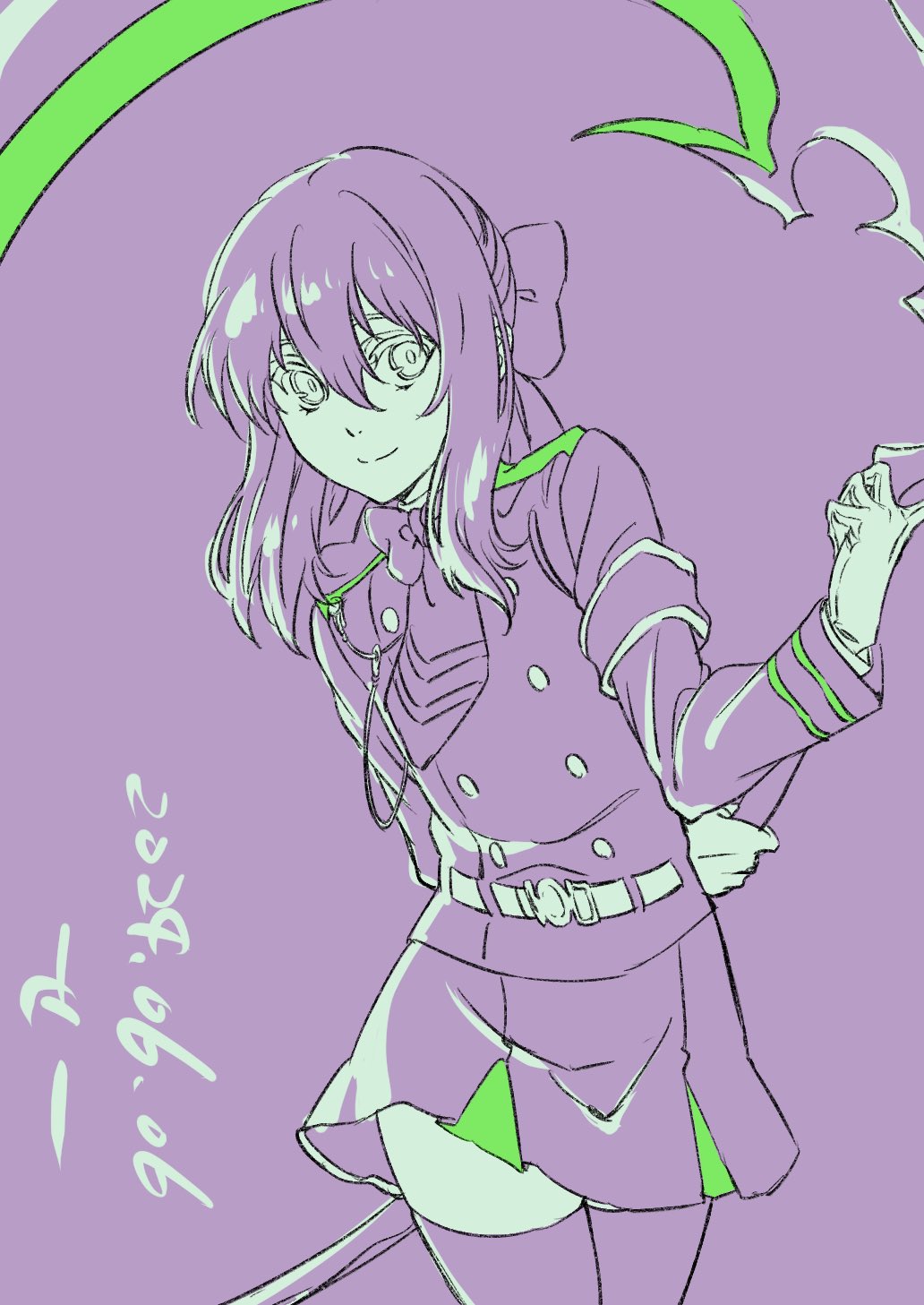 komatsubara sei, hiiragi shinoa, owari no seraph, highres, 1girl, belt, closed mouth, dated, gloves, hair between eyes, hair ribbon, holding, holding scythe, long hair, long sleeves, looking at viewer, miniskirt, purple hair, purple theme, purple thighhighs, ribbon, school uniform, scythe, shirt, simple background, skirt, smile, solo, thighhighs, white gloves