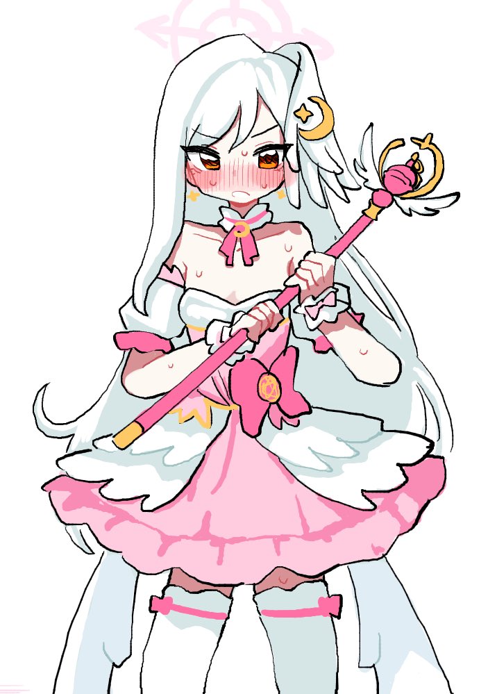 tomi8tky, suzumi (blue archive), suzumi (magical) (blue archive), blue archive, 1girl, bare shoulders, blush, breasts, closed mouth, cosplay, crescent, detached sleeves, dress, earrings, hair ornament, halo, holding, holding wand, jewelry, long hair, looking at viewer, magical girl, pink dress, simple background, solo, sweat, thighhighs, wand, white background, white hair, white thighhighs