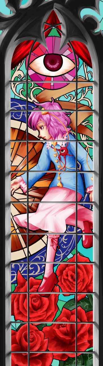 kirisaki (gin16k), kirisaki akihito, komeiji satori, touhou, bad id, bad pixiv id, highres, long image, tall image, 1girl, female focus, solo, stained glass
