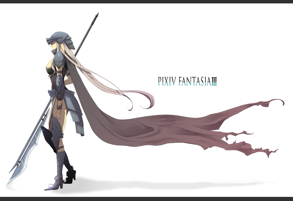 nicole pmonachi, pixiv fantasia, pixiv fantasia 3, 1girl, armor, cape, female focus, gauntlets, greaves, halberd, helmet, letterboxed, long hair, polearm, solo, warrior, weapon, white hair