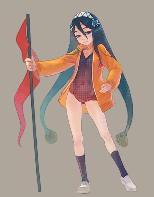 weno, original, 1girl, black hair, cardigan, female focus, flag, flat chest, futakuchi-onna, long hair, monster girl, one-piece swimsuit, simple background, socks, solo, swimsuit, swimsuit under clothes, very long hair