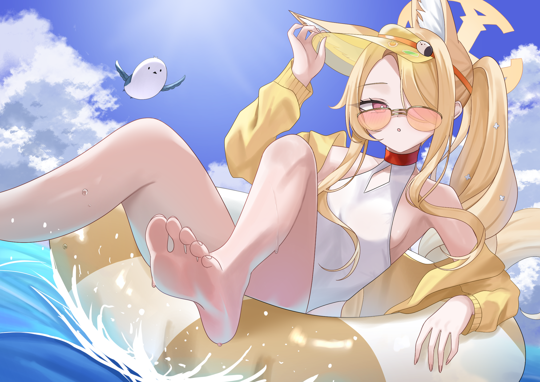 non non427, seia (blue archive), seia (swimsuit) (blue archive), blue archive, highres, 1girl, animal ears, barefoot, bird, blonde hair, breasts, collarbone, fox ears, fox girl, hair over one eye, halo, hat, innertube, jacket, long hair, long sleeves, looking at viewer, official alternate costume, official alternate hairstyle, one-piece swimsuit, open mouth, pink eyes, small breasts, soles, sunglasses, swim ring, swimsuit, very long hair, visor cap, wet, white one-piece swimsuit, yellow halo, yellow jacket