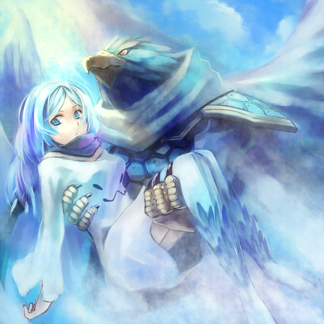 edobox, pixiv fantasia, pixiv fantasia 3, bird, blue eyes, blue hair, gigandal federation, long hair, wings