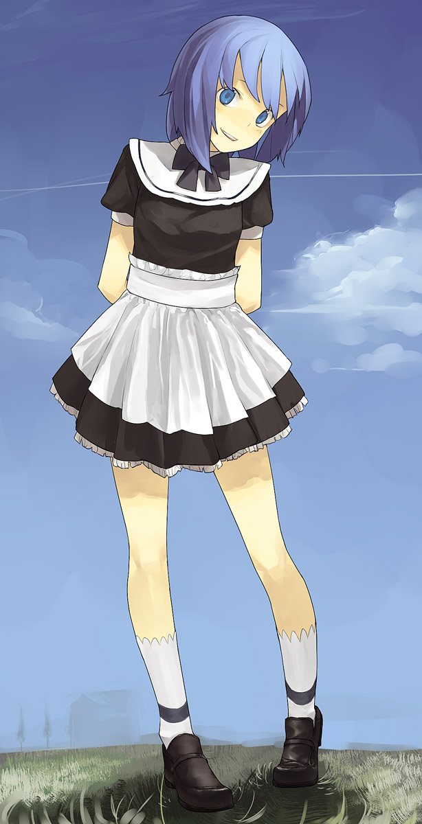 hama (22ji kara 24ji), original, highres, blue eyes, blue hair, dress, socks, solo