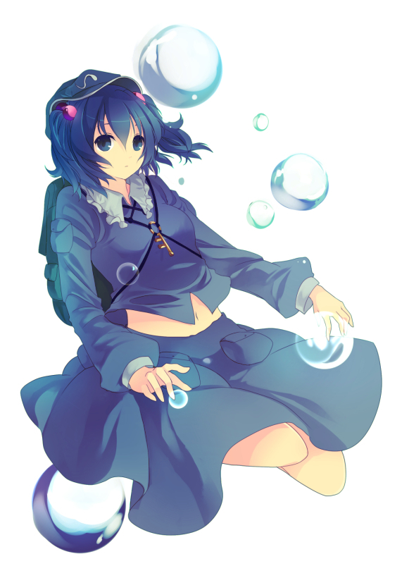 hijiri (resetter), hiz (pixiv), kawashiro nitori, touhou, bad id, bad pixiv id, 1girl, backpack, bag, blue hair, bubble, expressionless, female focus, hair bobbles, hair ornament, hat, key, midriff, navel, randoseru, short hair, simple background, skirt, solo, twintails, two side up, underwater