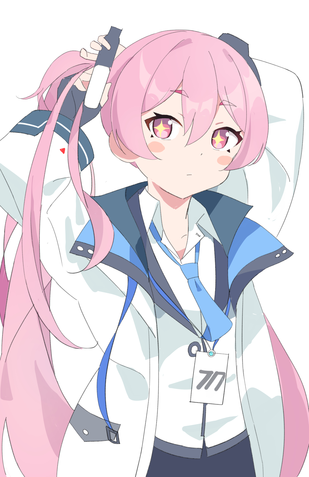 koyuki (blue archive), blue archive, highres, + +, 1girl, amrbf00sy942173, blue necktie, blush stickers, closed mouth, collared shirt, fingerless gloves, gloves, hair between eyes, id card, jacket, lanyard, long hair, long sleeves, looking at viewer, necktie, open clothes, pink eyes, pink hair, shirt, simple background, skirt, solo, twintails, tying hair, white background, white jacket, white shirt