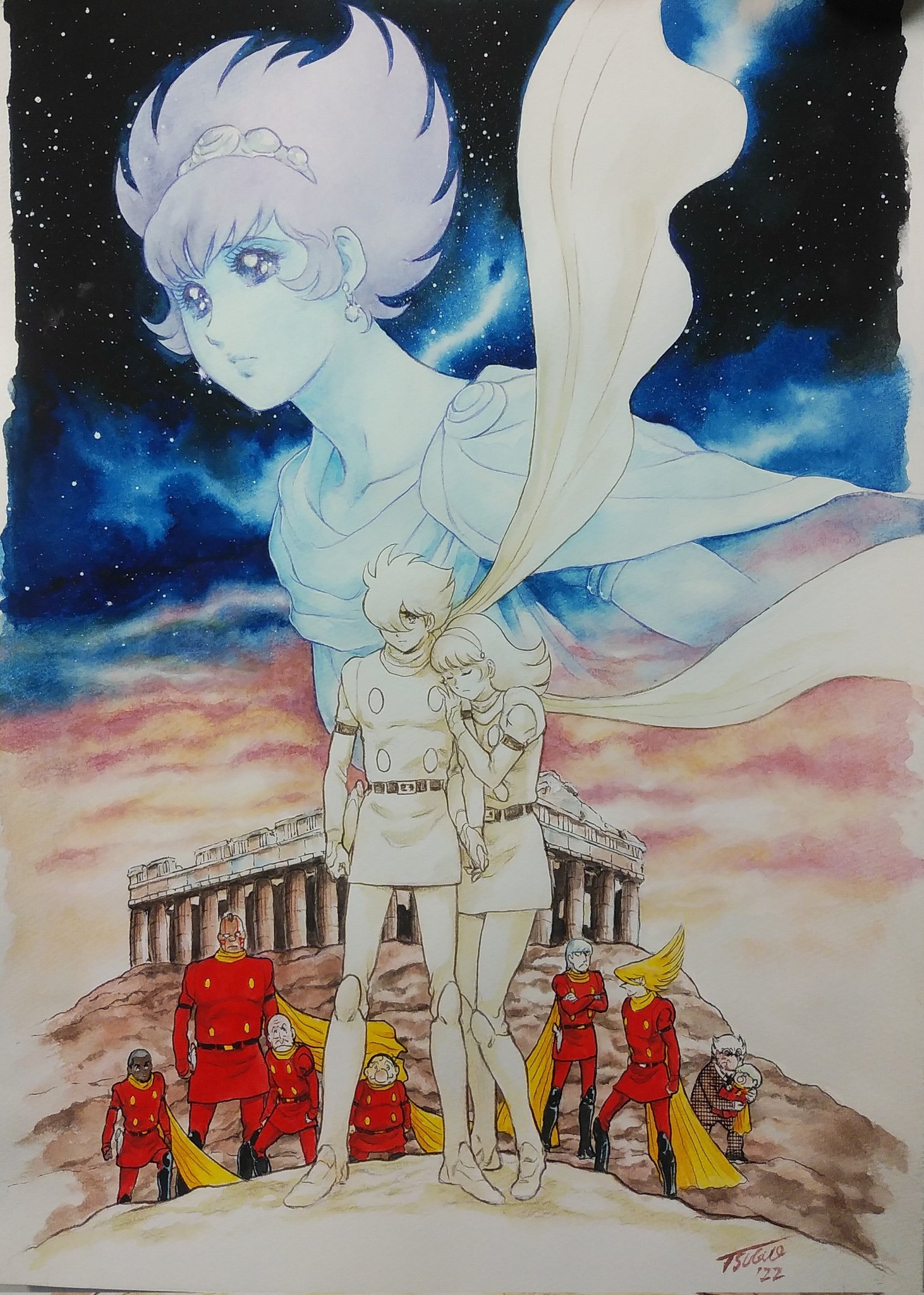 okazaki tsuguo, albert heinrich, chang changku, francoise arnoul, geronimo jr, great britain (cyborg 009), ivan whisky, jet link, pyunma, shimamura joe, cyborg 009, character request, highres, 1girl, closed mouth, coat, cyborg, dark-skinned male, dark skin, dated, facial hair, greyscale, hair over one eye, hairband, long hair, monochrome, multiple boys, mustache, open mouth, red coat, scarf, short hair, signature, simple background, smile, white background, yellow scarf