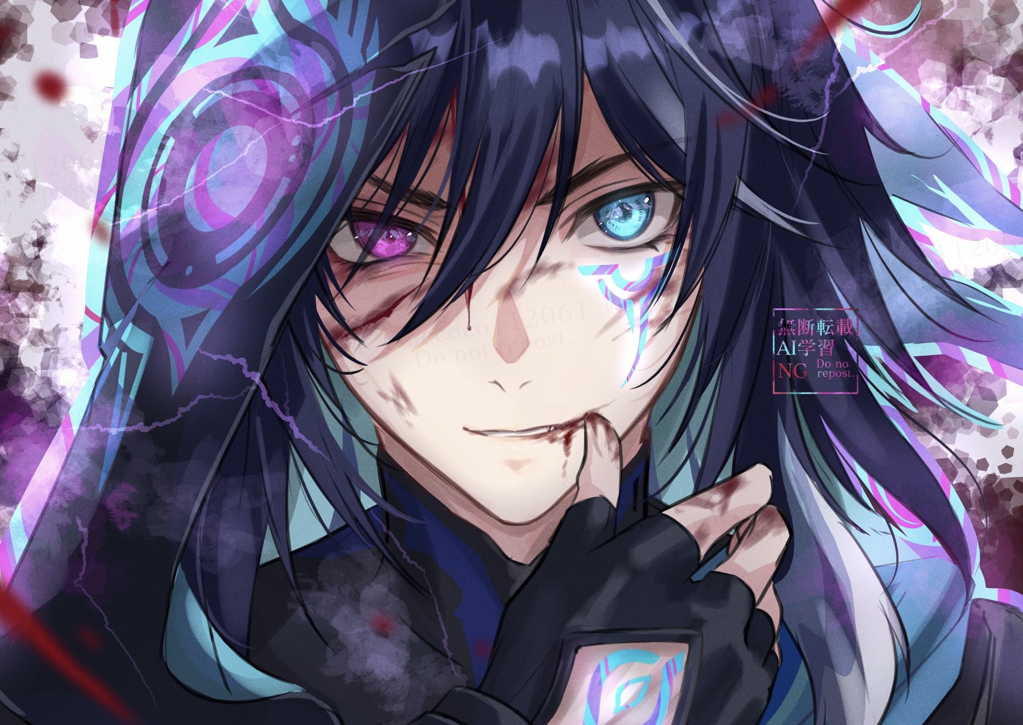nekokoko, ororon (genshin impact), genshin impact, highres, 1boy, black hood, blue eyes, blue hair, blue scarf, close-up, clothing cutout, facial mark, glove cutout, hand tattoo, heterochromia, pink pupils, scarf, solo, tattoo