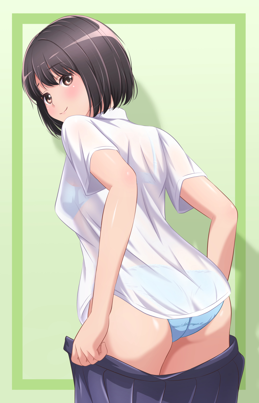 original, commentary, highres, 1girl, akippoi 0919, ass, black eyes, black hair, blue panties, blue skirt, bralines, closed mouth, clothes pull, crotch seam, dress shirt, from behind, green background, leaning forward, looking at viewer, looking back, open clothes, open skirt, panties, pleated skirt, pulling own clothes, school uniform, see-through clothes, see-through shirt, shirt, short hair, short sleeves, skirt, skirt pull, smile, solo, standing, underwear, undressing, white shirt