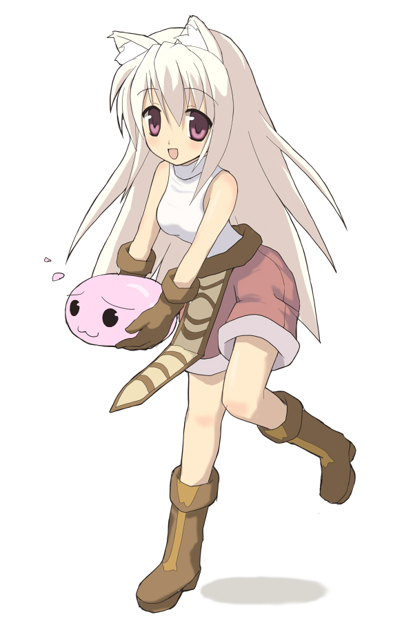 wa (rzpguw), novice (ragnarok online), poring, ragnarok online, bad id, bad pixiv id, animal ears, bare shoulders, boots, gloves, long hair, purple eyes, smile, solo, white hair