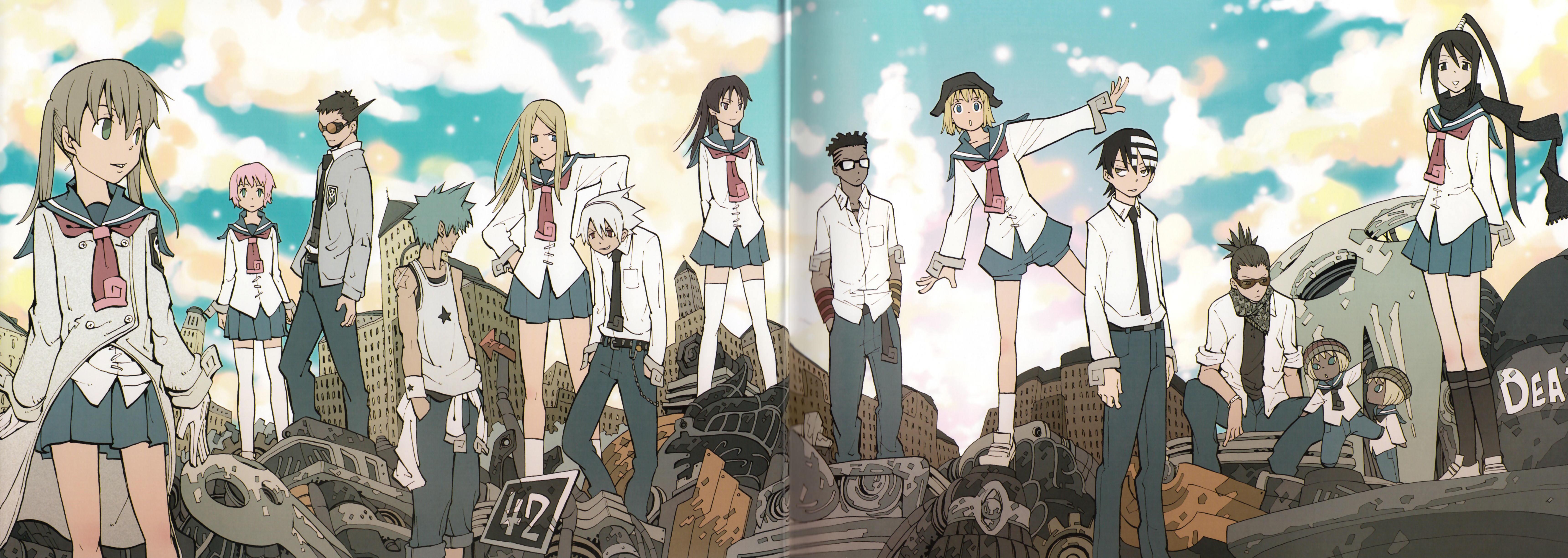 ohkubo atsushi, black star, death the kid, elizabeth thompson, harvar, harvar d eclair, jacquiline o lantern dupre, kilik lunge, kim diehl, maka albarn, nakatsukasa tsubaki, ox ford, patricia thompson, pot of fire, pot of thunder, sid barrett, soul evans, soul eater, absurdres, highres, huge filesize, long image, non-web source, scan, scan artifacts, wide image, 00s, 6+boys, 6+girls, alternate costume, contemporary, multiple boys, multiple girls, ruins, scarf, school, school uniform, skirt