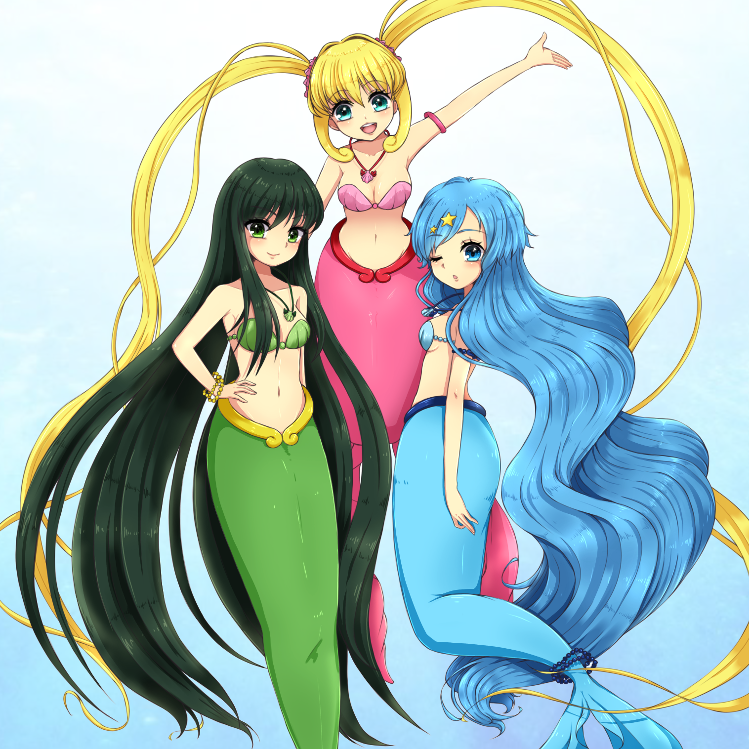 ortensia ix, houshou hanon, houshou hanon (mermaid), nanami lucia, nanami lucia (mermaid), touin rina, touin rina (mermaid), mermaid melody pichi pichi pitch, highres, 3girls, aqua eyes, arm up, armlet, bikini, blonde hair, blue bikini, blue eyes, blue hair, bracelet, breasts, cleavage, closed mouth, green bikini, green eyes, hair between eyes, hair ornament, hand on own hip, jewelry, long hair, looking at viewer, looking back, medium breasts, mermaid, monster girl, multiple girls, navel, necklace, one eye closed, open mouth, pink bikini, shell, shell bikini, shell necklace, sideboob, smile, star (symbol), star hair ornament, stomach, swimsuit, twintails, very long hair