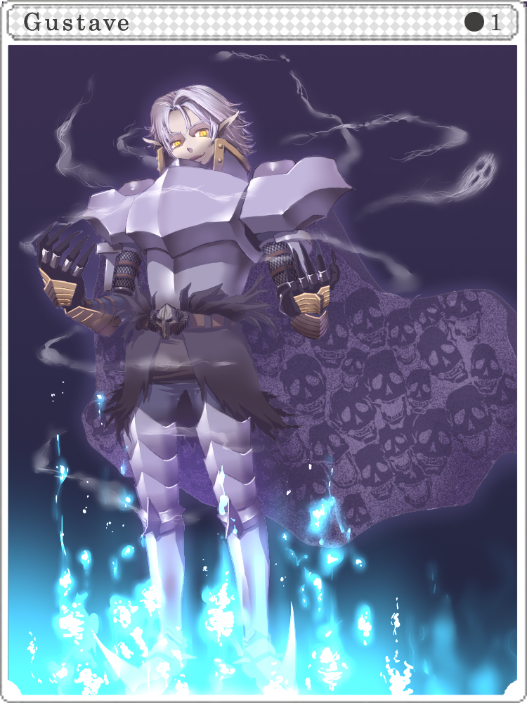 paladin (ragnarok online), ragnarok online, commentary request, 1boy, armor, armored boots, boots, border, breastplate, cape, card (medium), character name, cross, full body, gauntlets, glowing, glowing eyes, grey hair, leg armor, looking at viewer, male focus, marushino, open mouth, pauldrons, pointy ears, print cape, purple background, purple cape, short hair, shoulder armor, skull print, solo, white border, yellow eyes