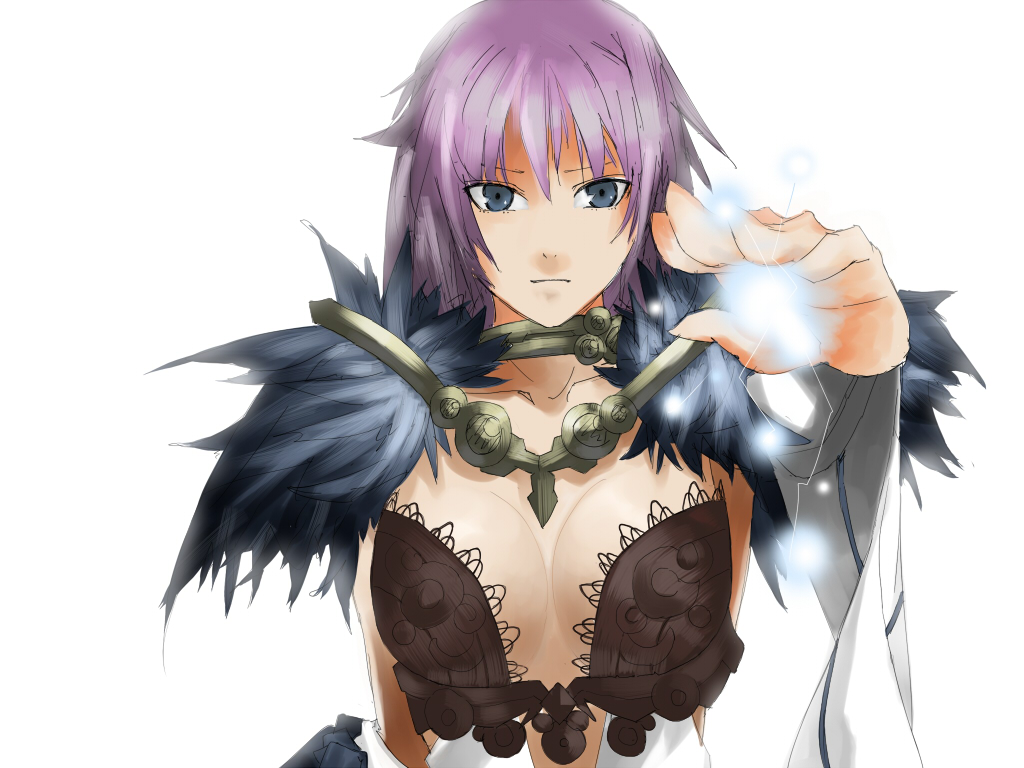 fuhak, sorcerer (ragnarok online), ragnarok online, commentary request, 1girl, bra, breasts, brown bra, cleavage, closed mouth, detached sleeves, fur collar, grey eyes, large breasts, looking at viewer, magic, purple hair, simple background, solo, underwear, upper body, v-shaped eyebrows, white background, white sleeves