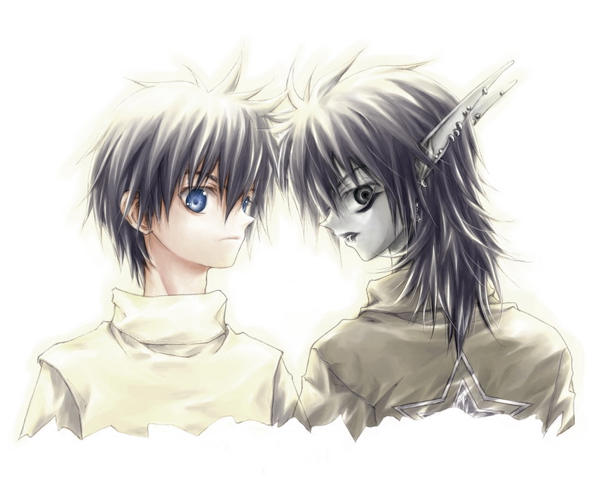 allen (artist), outenkun, taikoubou, houshin engi, bad id, bad pixiv id, 1990s (style), 2boys, black eyes, black hair, blue eyes, ear piercing, earrings, eyeshadow, jewelry, looking back, makeup, male focus, multiple boys, piercing, pointy ears