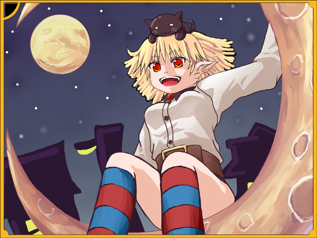 jade0530, loli ruri, ragnarok online, commentary request, 1girl, :d, animal, animal on head, black cat, blonde hair, blue socks, border, breasts, buttons, cat, cat on head, dated commentary, feet out of frame, full moon, grey sky, long sleeves, looking at viewer, medium breasts, moon, night, on crescent, on head, open mouth, orange border, outdoors, pointy ears, red eyes, red socks, shirt, short hair, sky, smile, socks, solo, star (sky), starry sky, striped clothes, striped socks, teeth, upper teeth only, white shirt