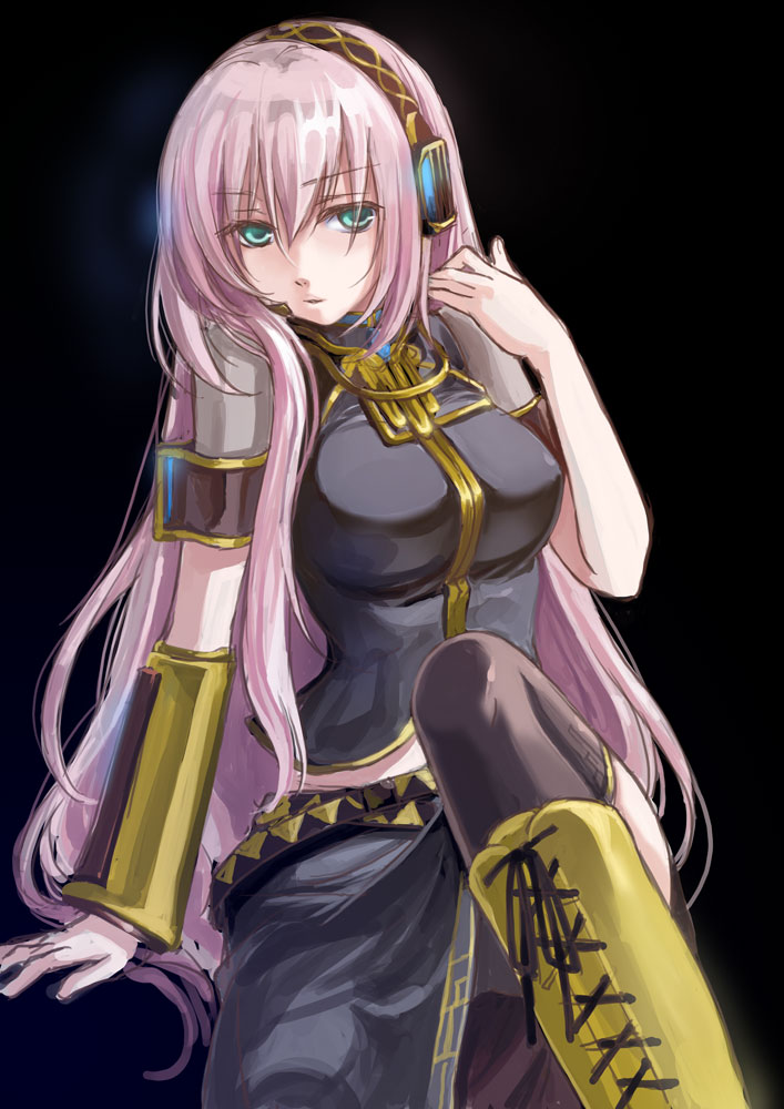ginta, megurine luka, vocaloid, bad id, bad pixiv id, aqua eyes, boots, detached sleeves, headset, knee boots, long hair, pink hair, solo, thighhighs, very long hair
