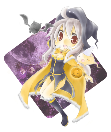 yasiro, lude (ragnarok online), wizard (ragnarok online), ragnarok online, commentary request, 1girl, ahoge, bat (animal), black boots, black dress, black hat, boots, breasts, brown cape, cape, chibi, chibi only, cleavage, dress, full body, fur-trimmed boots, fur-trimmed cape, fur trim, ghost, gold trim, grey hair, halloween, hat, holding, holding pumpkin, jack-o'-lantern, long hair, looking at viewer, medium breasts, open mouth, orange eyes, pumpkin, short dress, smile, solo, triangular headpiece, white background, witch hat