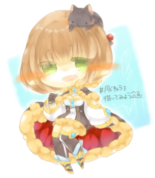 yasiro, warlock (ragnarok online), ragnarok online, commentary request, translation request, 1girl, animal, animal on head, black cape, black cat, black dress, black gloves, black thighhighs, blush stickers, brown hair, cape, cat, cat on head, chibi, chibi only, dress, full body, fur-trimmed cape, fur-trimmed dress, fur trim, gloves, green eyes, looking at viewer, official alternate costume, on head, open mouth, pointy ears, red cape, short hair, smile, solo, thighhighs, two-sided cape, two-sided fabric, two-tone dress, white background, white dress