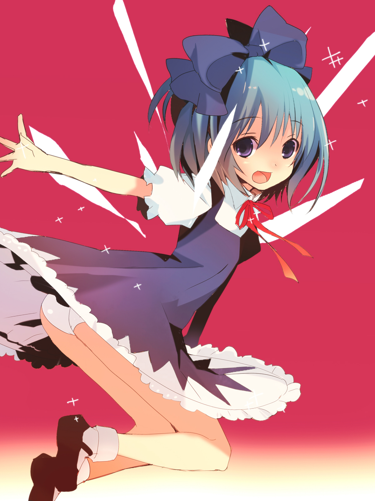 taira tsukune, cirno, embodiment of scarlet devil, touhou, bad id, bad pixiv id, highres, 1girl, blue eyes, blue hair, circled 9, female focus, matching hair/eyes, ribbon, short hair, solo, wings