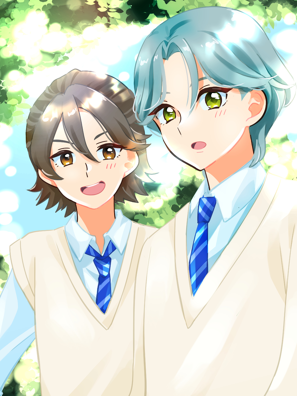 nekoko (nekonekonya), hibiki kaito, kimi to idol precure, precure, highres, 2boys, blue sky, blurry, blush, bokeh, brown hair, depth of field, green eyes, green hair, hair between eyes, half updo, jogi (precure), leaf, long sleeves, looking at another, looking at viewer, looking to the side, multiple boys, neck, necktie, open mouth, parted bangs, school, school uniform, short hair, sky, smile, upper body, vest