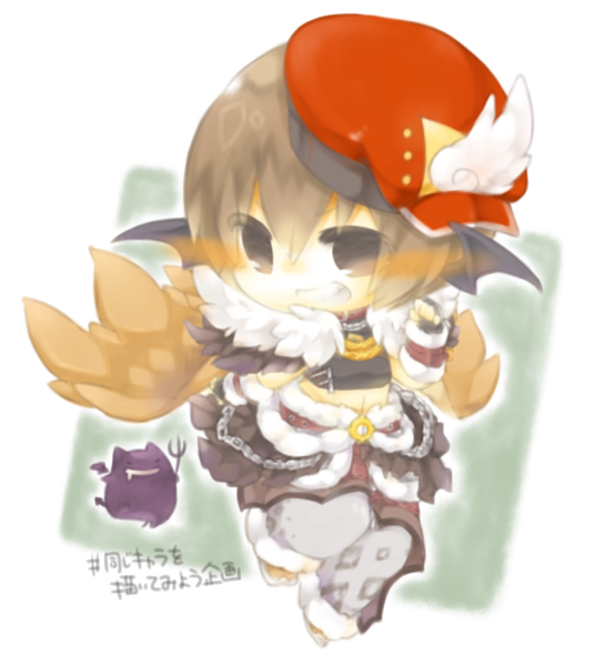 yasiro, deviruchi, shadow chaser (ragnarok online), ragnarok online, commentary request, 1boy, black gloves, black shirt, black wings, blush, brown cape, brown eyes, brown hair, cape, chain, chibi, chibi only, crop top, demon wings, fingerless gloves, full body, fur collar, gloves, grey pants, grin, hat, head wings, looking at viewer, male focus, official alternate costume, pants, red hat, shirt, short hair, sideways hat, smile, solo, white background, wings