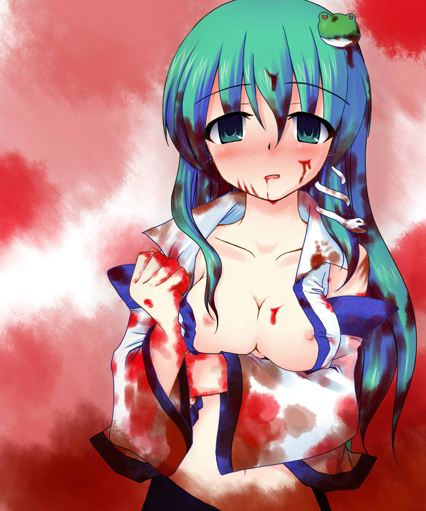yashiro, yashiro (sakananohone), kochiya sanae, touhou, 1girl, bare shoulders, blood, blush, breasts, detached sleeves, empty eyes, female focus, frog, green eyes, green hair, hair ornament, large breasts, matching hair/eyes, nipples, open clothes, open shirt, shirt, snake, solo, yandere