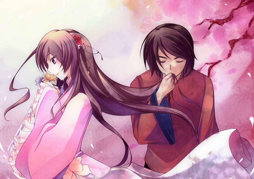tokei, hong kong (hetalia), taiwan (hetalia), axis powers hetalia, 00s, 1boy, 1girl, ahoge, brown hair, changpao, chinese clothes, couple, flower, frills, gathers, hair flower, hair ornament, hetero, kiss, long hair, long skirt, long sleeves, skirt, sleeves past wrists, smile