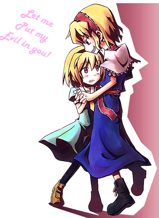 nightea, alice margatroid, houjou satoko, higurashi no naku koro ni, touhou, third-party edit, 00s, crossover, hug, pantyhose, you gonna get raped