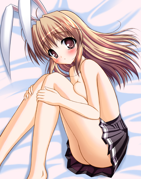 minase kyou, yuuki haruna, fortune arterial, 1girl, animal ears, barefoot, blush, breast press, breasts, brown eyes, brown hair, female focus, fetal position, long hair, lying, medium breasts, no panties, rabbit ears, skirt, solo, topless female