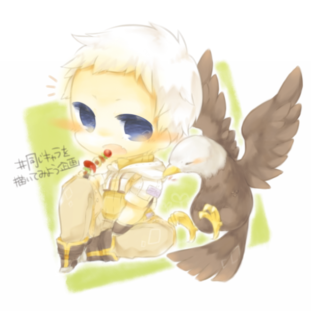 yasiro, hunter (ragnarok online), ragnarok online, commentary request, translation request, 1boy, bald eagle, bird, blue eyes, blush, brown pants, brown shirt, chibi, chibi only, eagle, full body, holding, holding skewer, jacket, looking at viewer, male focus, open mouth, pants, shirt, short bangs, short hair, short sleeves, sitting, skewer, solo, white background, white hair, white jacket