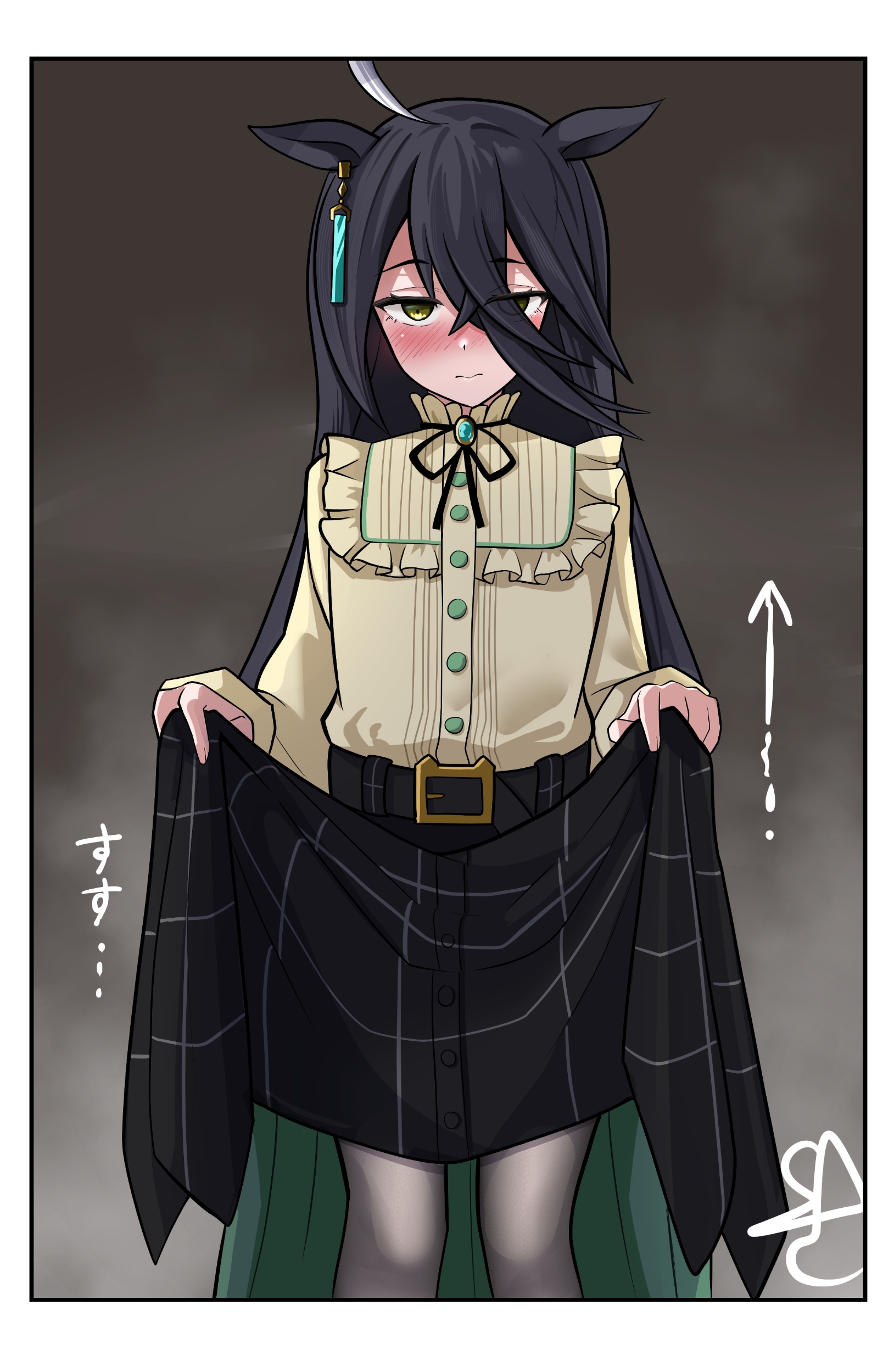 slcunix, manhattan cafe (umamusume), umamusume, absurdres, highres, 1girl, ahoge, animal ears, arrow (symbol), belt, black belt, black hair, black ribbon, black skirt, clothes lift, ear ornament, ear tag, earrings, embarrassed, frilled shirt, frills, grey background, grey pantyhose, hair between eyes, horse ears, horse girl, jewelry, long hair, long hair between eyes, long sleeves, multicolored hair, neck ribbon, pantyhose, plaid clothes, plaid skirt, ribbon, shirt, shirt tucked in, single earring, skirt, skirt lift, solo, very long hair, white hair, yellow shirt