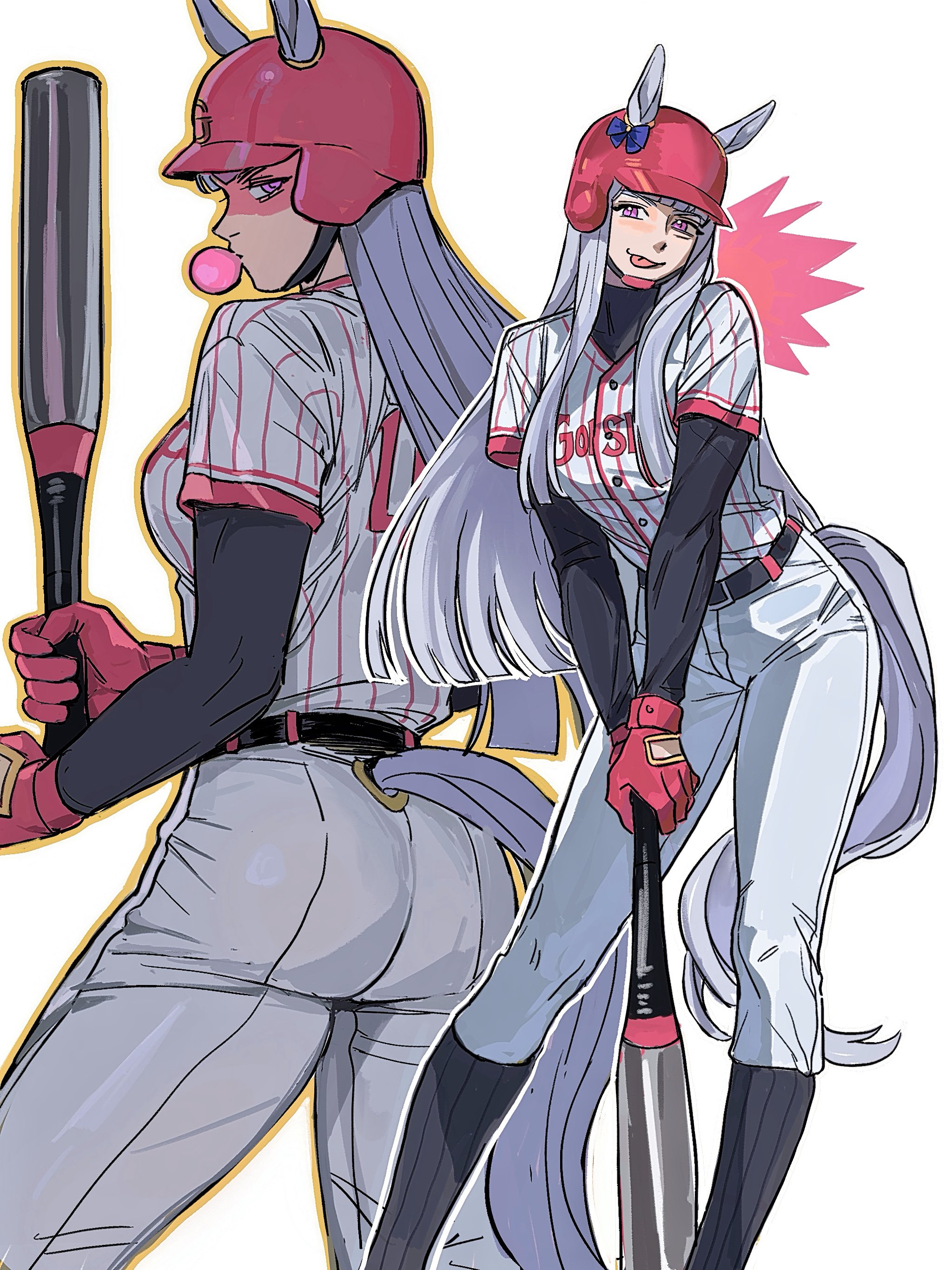gold ship (umamusume), umamusume, absurdres, highres, 1girl, animal ears, baseball bat, baseball helmet, baseball jersey, baseball uniform, batting stance, belt, black belt, black socks, blowing bubble gum, blunt bangs, bow, breasts, chewing gum, closed mouth, clothing cutout, ear bow, ears through headwear, gloves, grey hair, helmet, holding, holding baseball bat, horse ears, horse girl, horse tail, jersey, long hair, long sleeves, looking at viewer, mayflyaa, pants, purple eyes, red gloves, red helmet, ribbed socks, smile, socks, sportswear, tail, tail through clothes, tongue, tongue out, undershirt