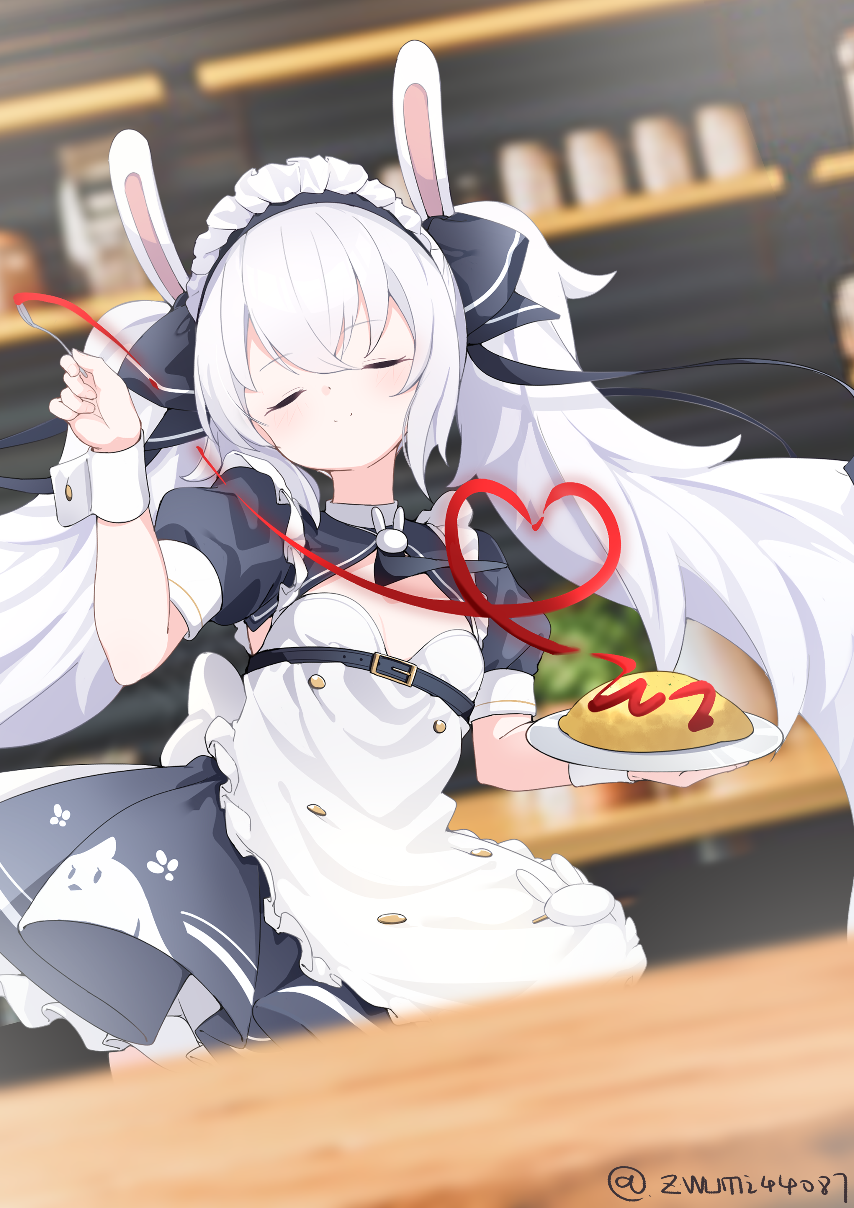 z-wumi, laffey (azur lane), manjuu (azur lane), azur lane, absurdres, chinese commentary, commentary request, food request, highres, 1girl, alternate costume, animal ears, animal print, apron, artist name, baby animal, bird, blue bow, blue dress, blurry, blurry background, blurry foreground, blush, bow, breasts, cafe, center opening, chick, chick print, closed eyes, closed mouth, counter, cowboy shot, drawn heart, dress, enmaided, fake animal ears, food, frilled apron, frilled dress, frills, hair between eyes, hair bow, hair ornament, hairband, heart, holding, holding plate, holding spoon, icing, indoors, juliet sleeves, long hair, long sleeves, looking at viewer, maid, maid apron, maid headdress, plate, puffy short sleeves, puffy sleeves, rabbit ears, shelf, short sleeves, small breasts, smile, spoon, twintails, very long hair, waist apron, white apron, white hair, wrist cuffs