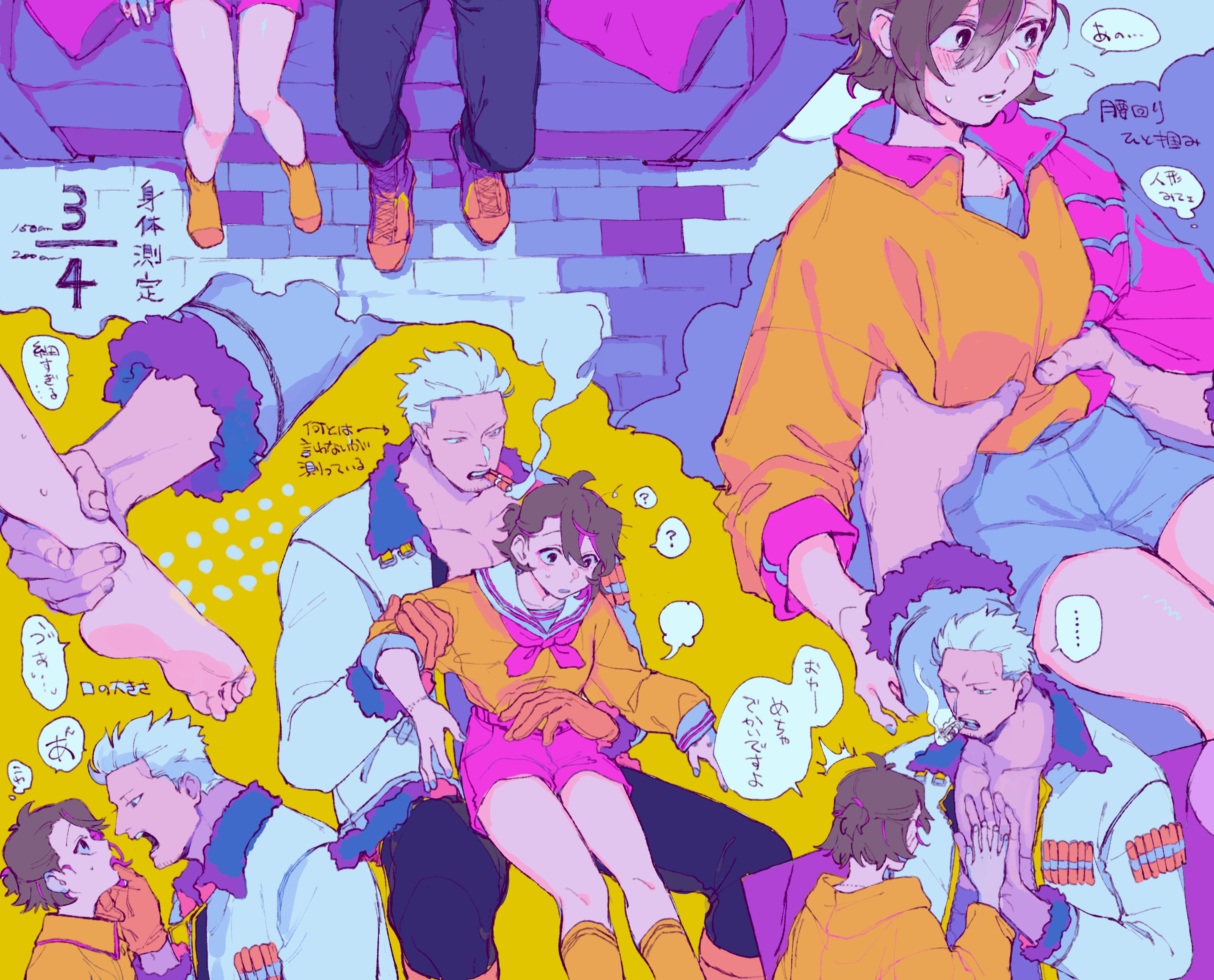 kabane (rjev8385), smoker (one piece), one piece, original, absurdres, commentary request, highres, translation request, 1boy, 1girl, ^^^, black pants, blue shorts, blush, boots, brick floor, brown boots, brown gloves, chain smoking, collarbone, couch, couple, cushion, eye contact, finger in another's mouth, fur-trimmed sleeves, fur trim, gloves, grey eyes, grey hair, hands on another's waist, height, hetero, holding another's ankle, holding another's arm, holding hands, jacket, long sleeves, looking at another, multiple views, muscular, muscular male, nervous, no shirt, oc x canon, on couch, palms together, pants, pink shorts, ponytail, profile, sailor collar, shirt, short hair, short ponytail, shorts, sitting, smoke, smoke trail, smoking, socks, speech bubble, white sailor collar, white shirt, yellow jacket, yellow shirt, yellow socks