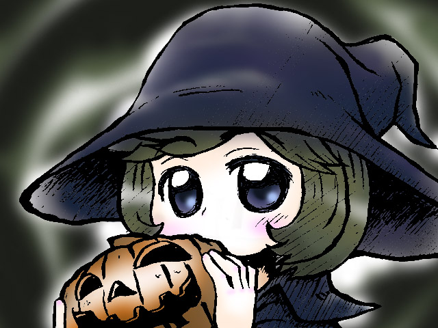 schierke (berserk), berserk, 1990s (style), 1girl, blush, cape, female focus, green hair, hat, jack-o'-lantern, pumpkin, retro artstyle, short hair, solo, witch, witch hat
