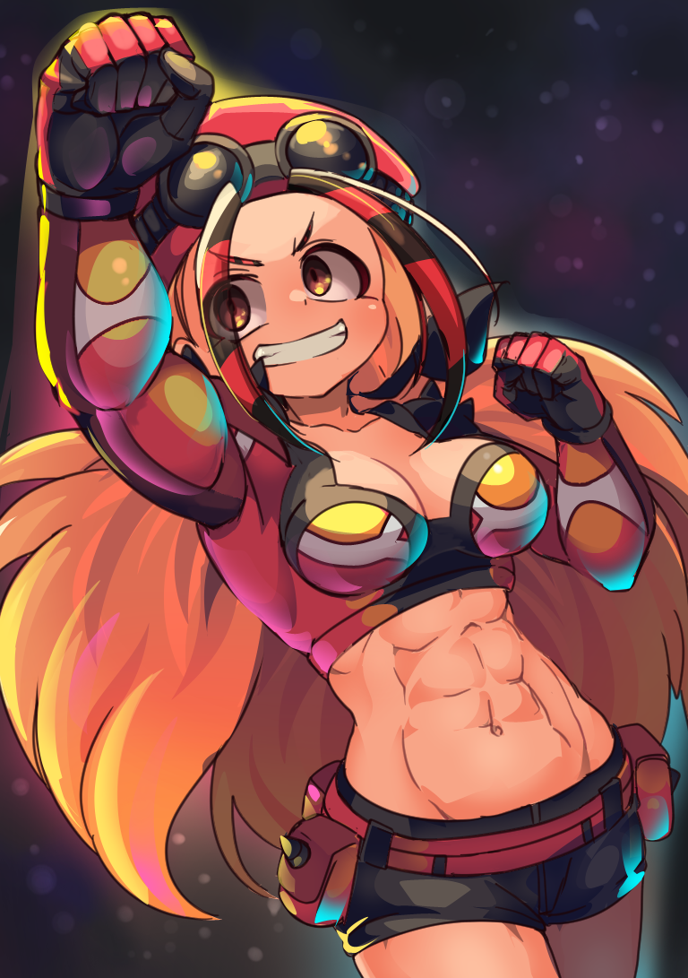 borokuro, buzzwole, nintendo, pokemon, commentary request, abs, arm up, belt, belt pouch, black gloves, black hair, black shorts, breasts, brown eyes, cleavage, clenched hands, collarbone, gen 7 pokemon, gloves, goggles, goggles on headwear, hat, humanization, long hair, long sleeves, midriff, multicolored eyebrows, multicolored hair, navel, orange hair, pouch, red belt, red hair, red hat, short shorts, shorts, solo, toned, toned female, ultra beast, v-shaped eyebrows