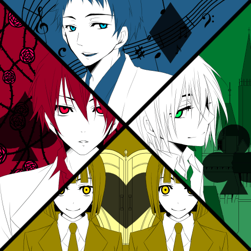 akiduki (edss), akizuki (edss), endou izuna, endou shizuna, hayase kouichi, moritsugu reiji, nakajima soubi, hitobashira alice (vocaloid), kurogane no linebarrel, vocaloid, uniform, lowres, 1girl, 4boys, brother and sister, card, formal clothes, hakama, hakama skirt, japanese clothes, multiple boys, parody, playing card, playing card theme, shirt, siblings, skirt, suit, thorns, twins