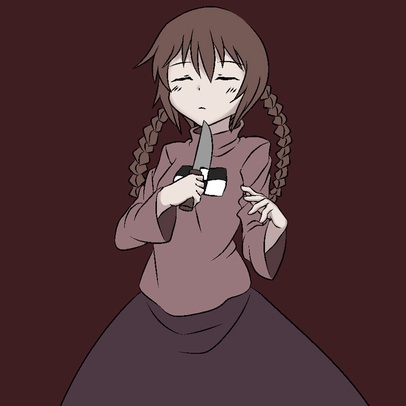 gyo, madotsuki, yume nikki, braid, brown hair, closed eyes, knife, solo, twin braids