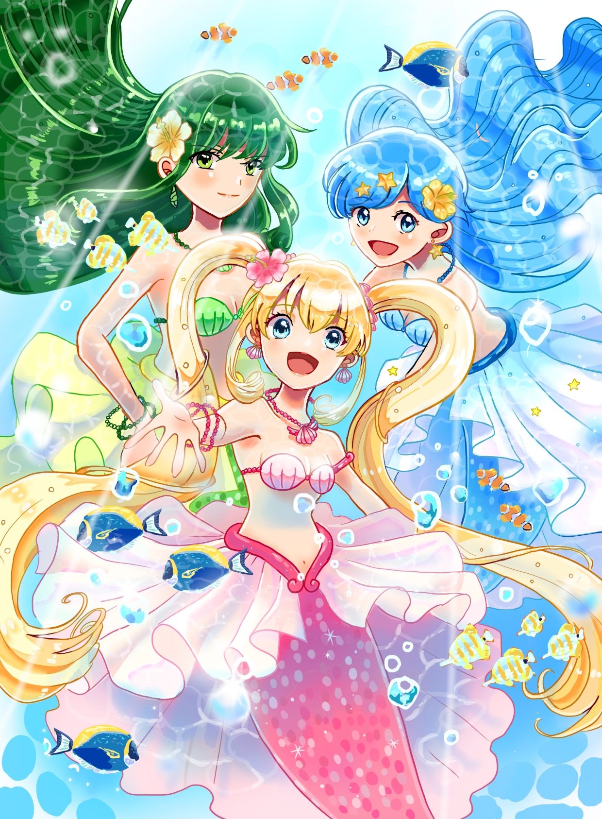 houshou hanon, houshou hanon (princess), nanami lucia, nanami lucia (princess), touin rina, touin rina (mermaid), touin rina (princess), mermaid melody pichi pichi pitch, highres, 3girls, akko080928, aqua eyes, armlet, bare shoulders, bikini, blonde hair, blue bikini, blue eyes, blue hair, blush, bracelet, breasts, cleavage, collarbone, earrings, fish, flower, green bikini, green eyes, green hair, hair between eyes, hair flower, hair ornament, jewelry, long hair, looking at viewer, medium breasts, mermaid, monster girl, multiple girls, navel, necklace, official alternate costume, open mouth, pink bikini, pink flower, shell, shell bikini, shell earrings, shell necklace, smile, star (symbol), star earrings, star hair ornament, stomach, swimsuit, twintails, underwater, very long hair