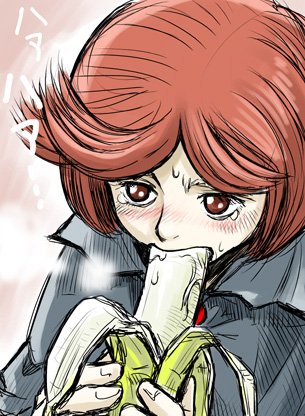 anzo tei, schierke (berserk), berserk, lowres, 1990s (style), 1girl, banana, blush, brown eyes, brown hair, cape, eating, female focus, food, fruit, open mouth, retro artstyle, sexually suggestive, short hair, simple background, solo