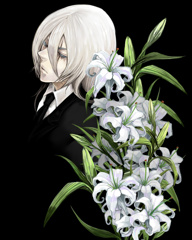 zuwai kani, dio, casshern (series), casshern sins, bad id, bad pixiv id, 00s, 1boy, black background, black theme, flower, formal clothes, lily (flower), male focus, scar, scar across eye, scar on face, solo, suit, white hair