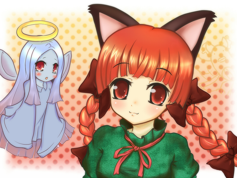 inutokage, kaenbyou rin, zombie fairy (touhou), touhou, 2girls, :3, animal ears, aqua hair, blush, bow, braid, female focus, hair bow, halo, long hair, multiple girls, multiple hair bows, open mouth, polka dot, red eyes, red hair, twin braids, wings