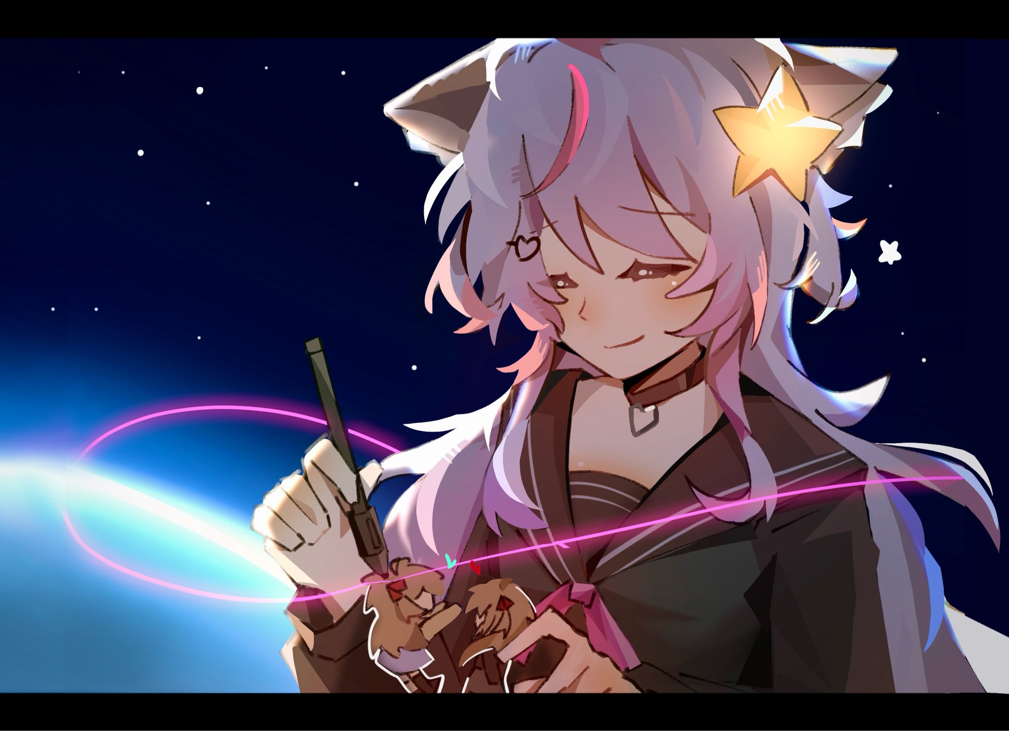 annytf, evil neuro-sama, neuro-sama, vedal987, indie virtual youtuber, highres, 3girls, animal ear fluff, animal ears, black collar, black sailor collar, bow, bowtie, brown hair, collar, fox ears, hair ornament, heart, heart hair ornament, holding, holding pencil, long hair, multicolored hair, multiple girls, pencil, pink bow, pink bowtie, pink hair, po7a7o, sailor collar, smile, space, star (symbol), star hair ornament, streaked hair, upper body, vedal ai, virtual youtuber, white hair