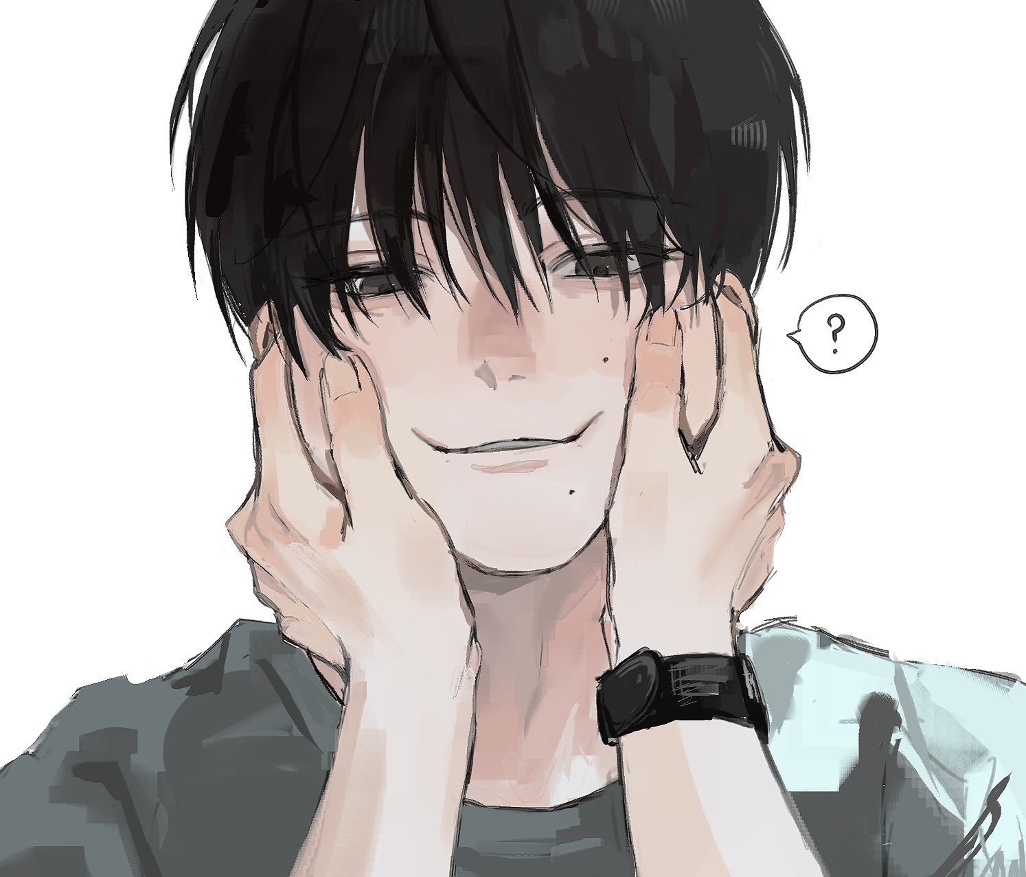 api (ppi 52), indou hikaru, tsujinaka yoshiki, hikaru ga shinda natsu, hashtag-only commentary, highres, 2boys, ?, black hair, cheek pull, closed mouth, grey eyes, grey shirt, looking at viewer, male focus, mole, mole on cheek, mole under mouth, multiple boys, multiple moles, shirt, short hair, simple background, solo focus, spoken question mark, watch, white background, wristwatch, yaoi