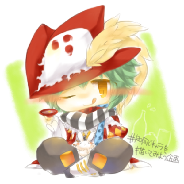 yasiro, minstrel (ragnarok online), ragnarok online, commentary request, translation request, 1boy, :q, black pants, black scarf, chibi, chibi only, closed mouth, full body, green hair, hat, indian style, looking at viewer, male focus, one eye closed, pants, plume, rabbit, red hat, scarf, short hair, sitting, smile, solo, striped clothes, striped scarf, tongue, tongue out, white background, white scarf, yellow eyes